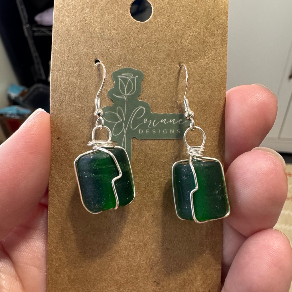 Silver And Green Sea Glass Earrings With Intricate Wirework 27$